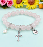 Natural Rose Quartz with Pearl and Cross Bracelet, Gold or Silver, N7082