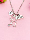 Stethoscope Necklace with Initial Charm, Doctor Briefcase Pendant, Silver-Tone Jewelry