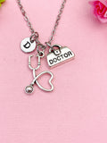 Stethoscope Necklace with Initial Charm, Doctor Briefcase Pendant, Silver-Tone Jewelry