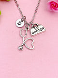 Stethoscope Necklace with Initial Charm, Doctor Briefcase Pendant, Silver-Tone Jewelry