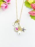 18K Gold Plated Starfish Shell Cubic Zirconia Pendant Necklace, Beachy Gift for Her, N6978