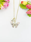 18K Gold Plated Pink Butterfly Cubic Zirconia Pendant Necklace, Dainty Gift for Her, N6980