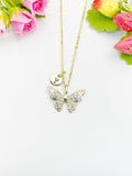 18K Gold Plated Pink Butterfly Cubic Zirconia Pendant Necklace, Dainty Gift for Her, N6980