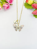 18K Gold Plated Pink Butterfly Cubic Zirconia Pendant Necklace, Dainty Gift for Her, N6980