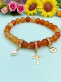 Natural Carnelian Frost with Pearl and Cross Bracelet, Gold or Silver, N7083