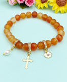 Natural Carnelian Frost with Pearl and Cross Bracelet, Gold or Silver, N7083