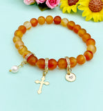 Natural Carnelian Frost with Pearl and Cross Bracelet, Gold or Silver, N7083