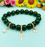 Natural Jade with Pearl and Cross Bracelet, Gold or Silver, N7084