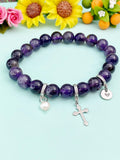 Natural Lepidolite with Pearl and Cross Bracelet, Gold or Silver, N7059A