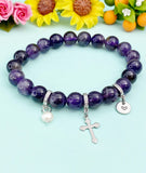 Natural Lepidolite with Pearl and Cross Bracelet, Gold or Silver, N7059A