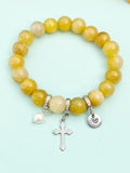 Natural Topaz Jade with Pearl and Cross Bracelet, Gold or Silver, N7085