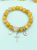 Natural Topaz Jade with Pearl and Cross Bracelet, Gold or Silver, N7085