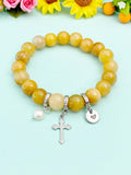 Natural Topaz Jade with Pearl and Cross Bracelet, Gold or Silver, N7085