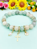 Natural Amazonite with Pearl and Cross Bracelet, Gold or Silver, N7086