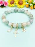 Natural Amazonite with Pearl and Cross Bracelet, Gold or Silver, N7086
