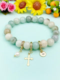 Natural Amazonite with Pearl and Cross Bracelet, Gold or Silver, N7086