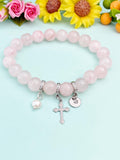 Natural Rose Quartz with Pearl and Cross Bracelet, Gold or Silver, N7087