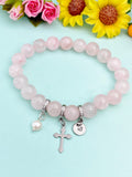 Natural Rose Quartz with Pearl and Cross Bracelet, Gold or Silver, N7087