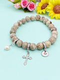 Natural Maifanite with Pearl and Cross Bracelet, Gold or Silver, N7088