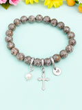 Natural Snowflake Obsidian with Pearl and Cross Bracelet, Gold or Silver, N7089