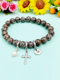 Natural Snowflake Obsidian with Pearl and Cross Bracelet, Gold or Silver, N7089
