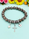 Natural Snowflake Obsidian with Pearl and Cross Bracelet, Gold or Silver, N7089