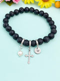 Natural Lava Rock with Pearl and Cross Bracelet, Gold or Silver, N7090