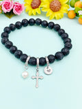 Natural Lava Rock with Pearl and Cross Bracelet, Gold or Silver, N7090