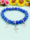 Natural Regalite with Pearl and Cross Bracelet, Gold or Silver, N7091