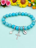 Natural Howlite with Pearl and Cross Bracelet, Gold or Silver, N7092