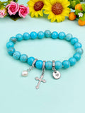 Natural Howlite with Pearl and Cross Bracelet, Gold or Silver, N7092