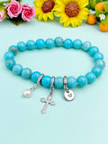 Natural Howlite with Pearl and Cross Bracelet, Gold or Silver, N7092