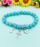 Natural Howlite with Pearl and Cross Bracelet, Gold or Silver, N7092