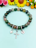 Natural Indian Agate with Pearl and Cross Bracelet, Gold or Silver, N7093