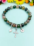 Natural Indian Agate with Pearl and Cross Bracelet, Gold or Silver, N7093