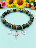 Natural Indian Agate with Pearl and Cross Bracelet, Gold or Silver, N7093