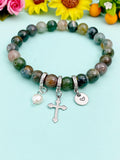 Natural Indian Agate with Pearl and Cross Bracelet, Gold or Silver, N7093