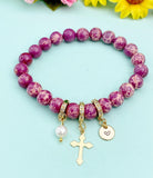 Synthetic Regalite with Pearl and Cross Bracelet, Gold or Silver, N7094