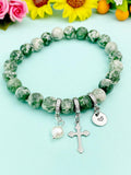 Natural Green Spot Jasper with Pearl and Cross Bracelet, Gold or Silver, N7095