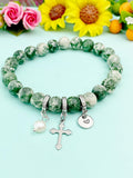 Natural Green Spot Jasper with Pearl and Cross Bracelet, Gold or Silver, N7095