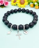 Natural Lava Rock with Pearl and Cross Bracelet, 10.5mm, Gold or Silver, N7096