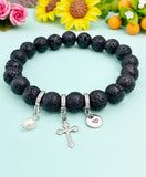 Natural Lava Rock with Pearl and Cross Bracelet, 10.5mm, Gold or Silver, N7096
