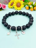 Natural Lava Rock with Pearl and Cross Bracelet, 10.5mm, Gold or Silver, N7096