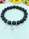 Natural Lava Rock with Pearl and Cross Bracelet, 10.5mm, Gold or Silver, N7096