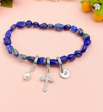 Natural Lapis Lazuli with Pearl and Cross Bracelet, N7098