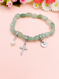 Natural Green Aventurine with Pearl and Cross Bracelet, N7099