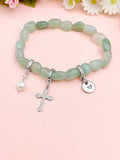 Natural Green Aventurine with Pearl and Cross Bracelet, N7099