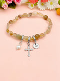 Natural Rutilated Quartz with Pearl and Cross Bracelet, N7100