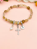 Natural Rutilated Quartz with Pearl and Cross Bracelet, N7100