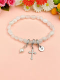 Natural White Moonstone with Pearl and Cross Bracelet, N7101